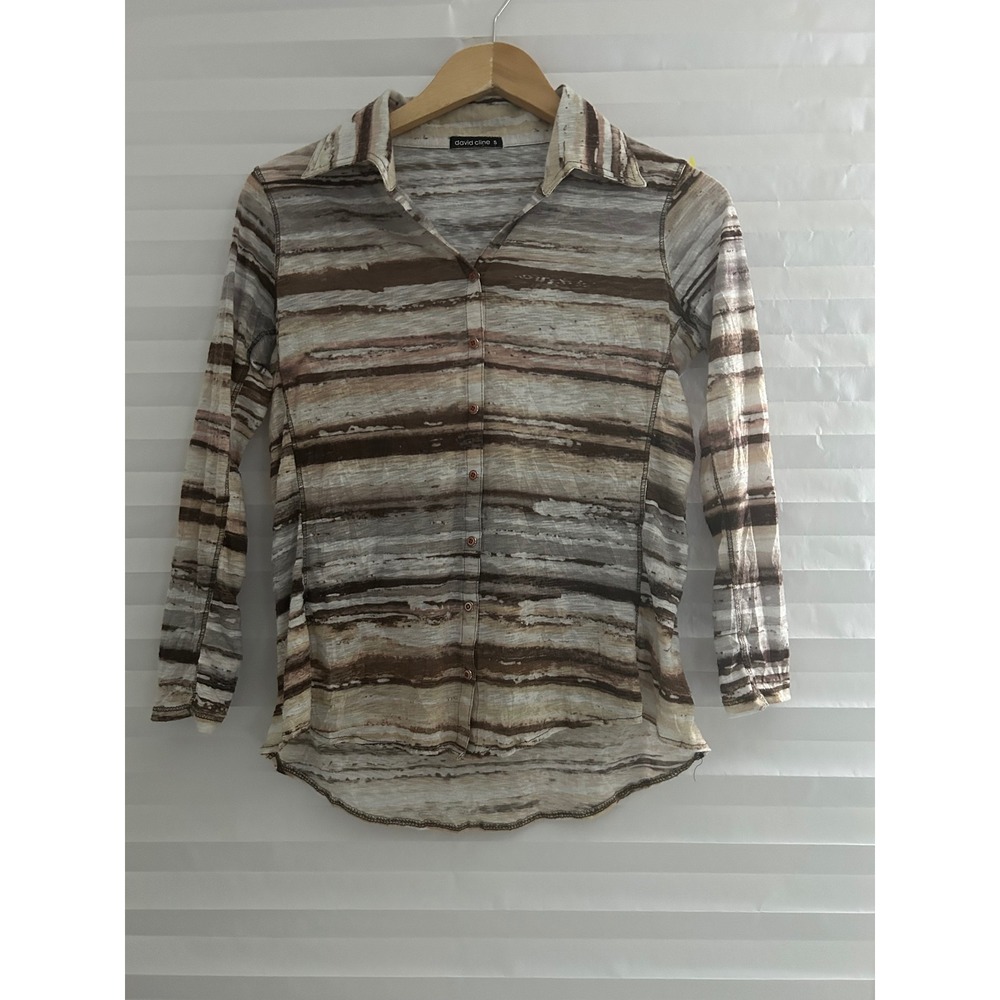 David Cline Toast Striped Button Down Shirt Brown Cream Long Sleeve Small